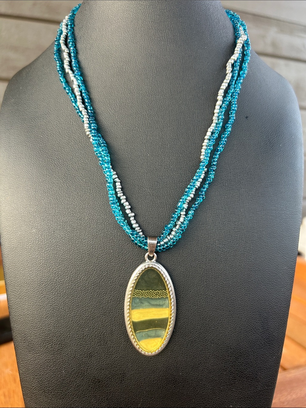 Artisan Glass Beaded Necklace with Yellow-Green Striped Pendant